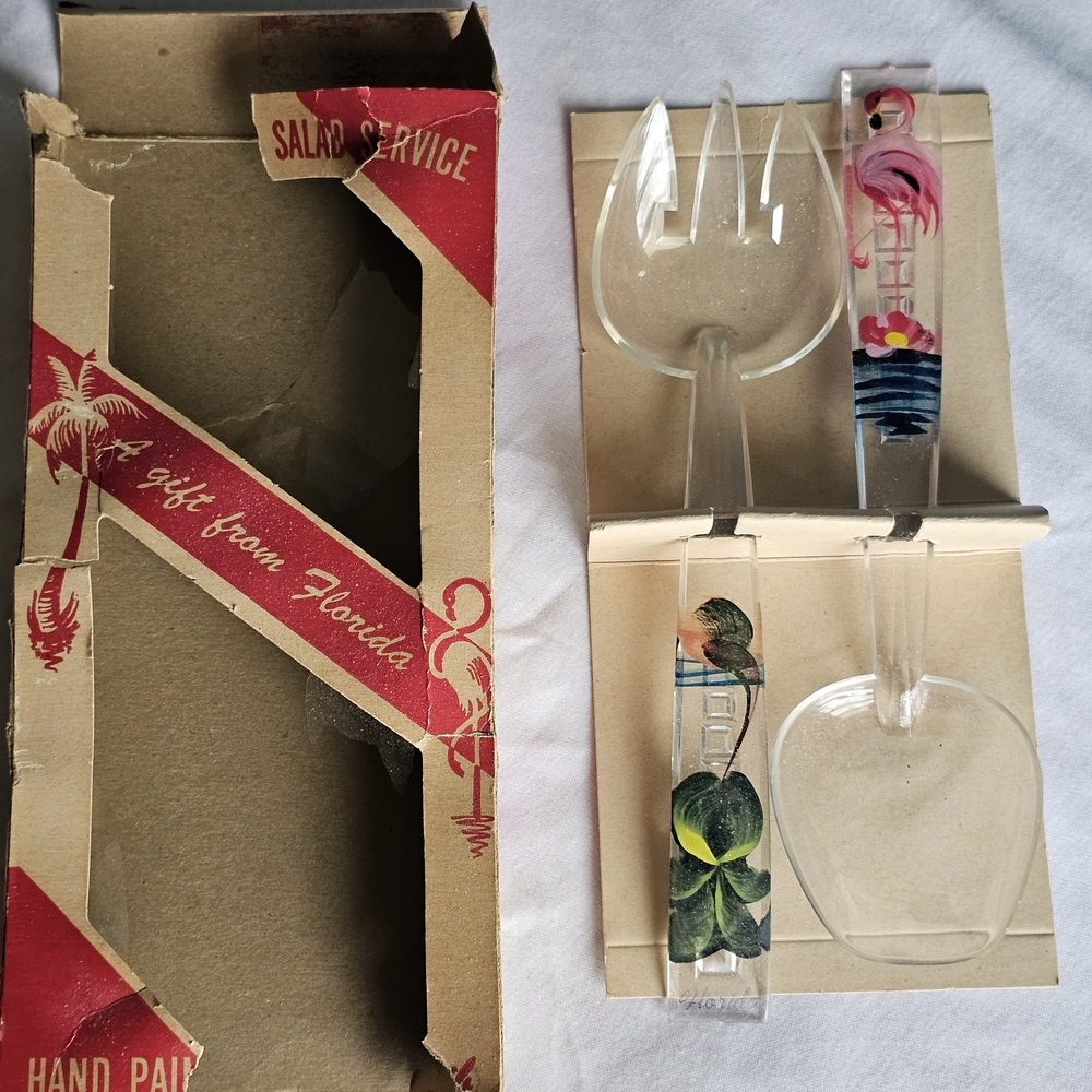 Hand-Painted Glass Salad Servers - Pink Flamingo & Green Leaf Design Palm Tree